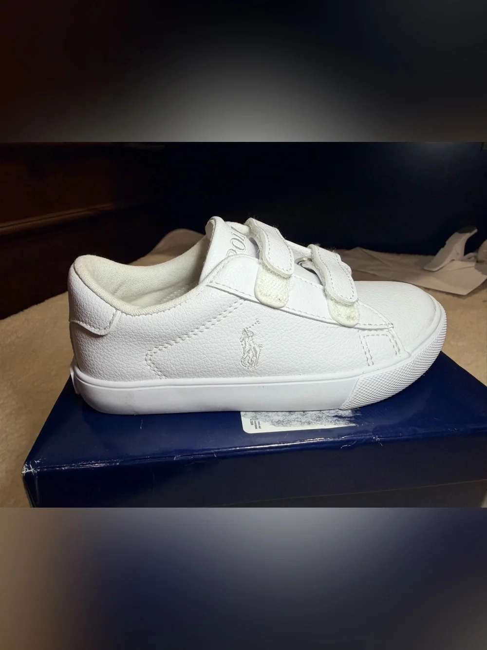 931. Unisex Ralph Lauren Kids White Double-Strap Velcro Sneakers